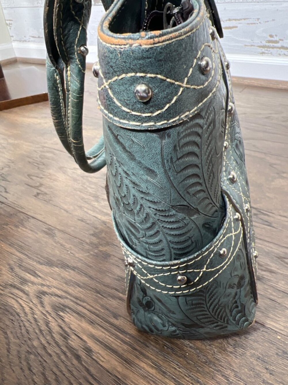 AMERICAN WEST Double Handle Tooled Leather Floral Design Bag Sage EUC - Picture 7 of 11